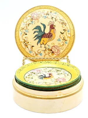 Vintage Italian hand-painted papier-mâché coaster set featuring a colorful rooster and floral motif, complete with a matching storage box.