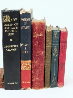 Collection of six vintage and antique hardcover books, including titles by Margaret George, Pearl S. Buck, and Nathaniel Hawthorne,...