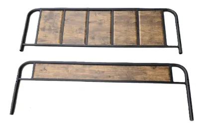 Industrial-style metal and wood headboard and footboard set, featuring a black metal frame with rustic brown wood grain panels.