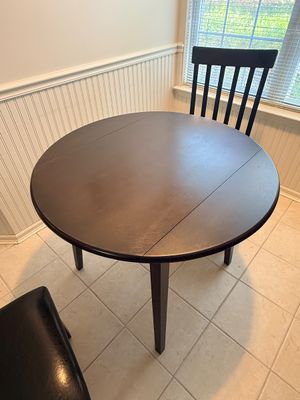 Dark Wood Round Drop-Leaf Dining Table with Two Chairs