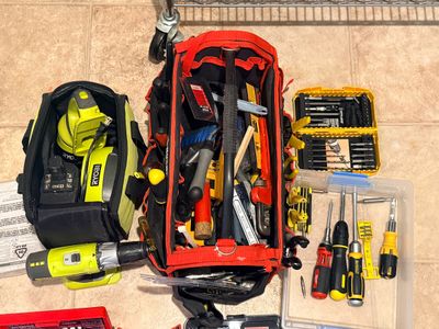 Ryobi Drill, Tool Bags, and Hand Tool Assortment