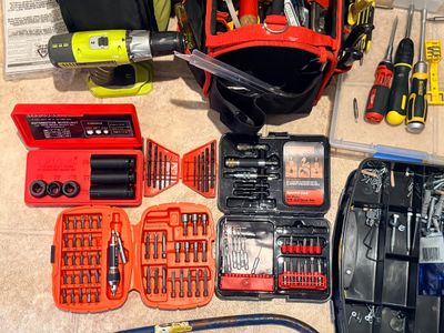 Ryobi Drill, Tool Bags, and Hand Tool Assortment