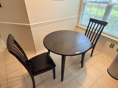 Dark Wood Round Drop-Leaf Dining Table with Two Chairs