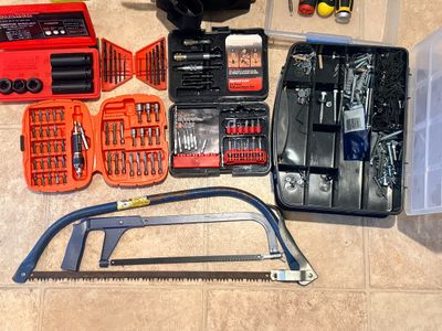 Ryobi Drill, Tool Bags, and Hand Tool Assortment