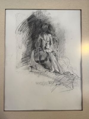 Framed Charcoal Sketch of a Cellist