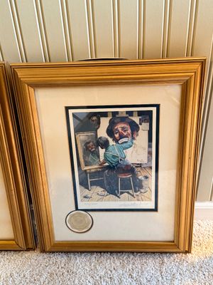 Pair of Framed Emmett Kelly Clown Prints by Leigh Jones