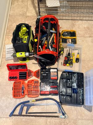 Ryobi Drill, Tool Bags, and Hand Tool Assortment