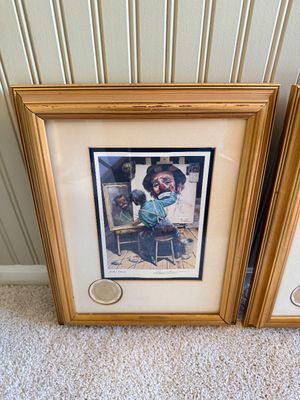 Pair of Framed Emmett Kelly Clown Prints by Leigh Jones