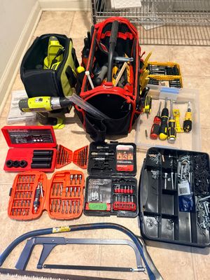 Ryobi Drill, Tool Bags, and Hand Tool Assortment