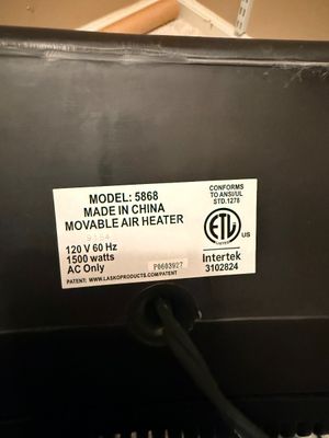 Lasko Movable Air Heater Model 5868