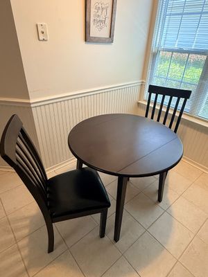 Dark Wood Round Drop-Leaf Dining Table with Two Chairs