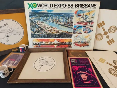 VINTAGE SATELLITE AND TECHNOLOGY ART AND MUGS