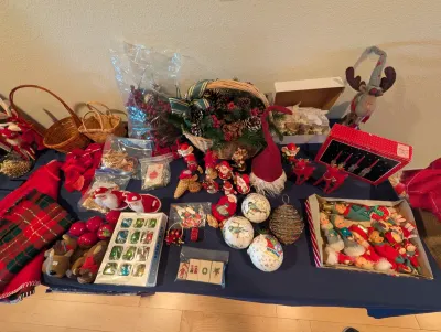Assortment of vintage and modern Christmas decorations, including a boxed set of glass ornaments, elf figurines, decorative baubles,...