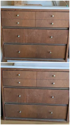 Mid-century modern wooden nightstands featuring a white laminate top, 