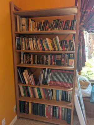 Tall wooden six-shelf bookcase filled with a variety of books, including paperbacks, travel guides, and reference volumes.