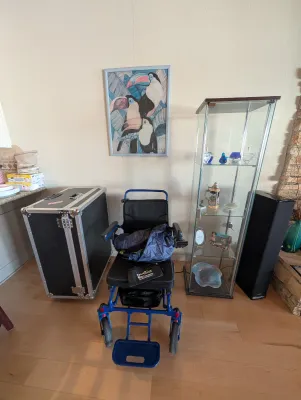 Blue motorized wheelchair shown alongside a black flight case, a glass display cabinet, and a framed toucan art print.