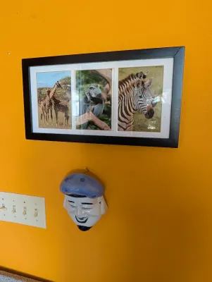 Framed triptych of African wildlife photographs featuring giraffes, a monkey, and a zebra, shown hanging above a decorative ceramic face...