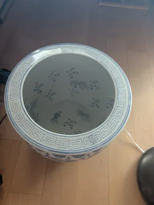 Top view of large Chinese blue and white porcelain fish bowl planter. 
