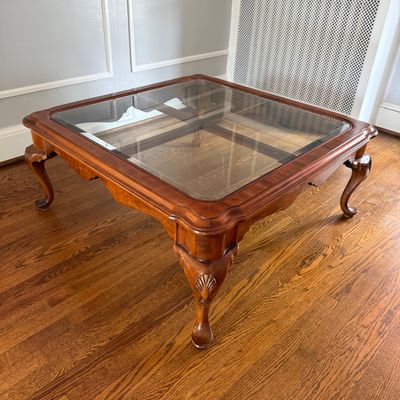 Queen Anne Style Wood and Glass Coffee Table