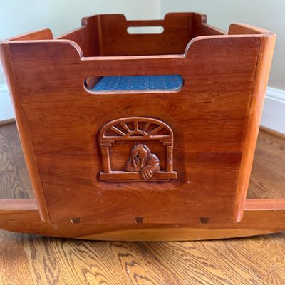 Wooden Rocking Doll Cradle with Carved Walrus Detail