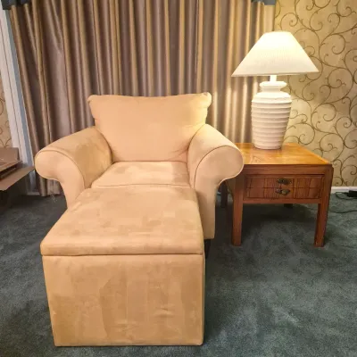 LOT 26L: Broyhill Pale Yellow Microfiber Chair & Storage Ottoman with Side Table & Lamp