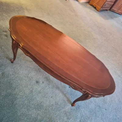 LOT 22W: Vintage Camelback Sofa with Hand-Carved Details & French Provincial Style Coffee Table