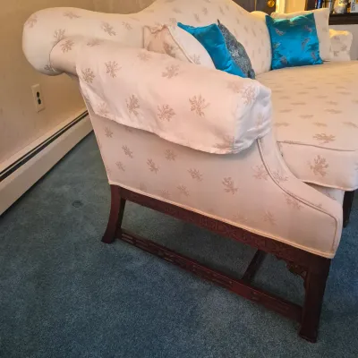 LOT 22W: Vintage Camelback Sofa with Hand-Carved Details & French Provincial Style Coffee Table