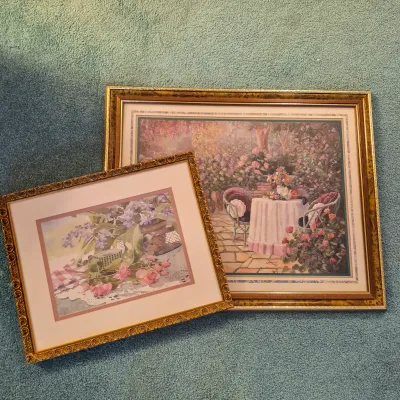 LOT 23W: Set of 2 Framed Floral Cottagecore Art Prints Signed