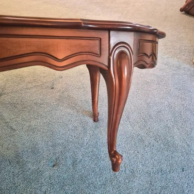 LOT 22W: Vintage Camelback Sofa with Hand-Carved Details & French Provincial Style Coffee Table