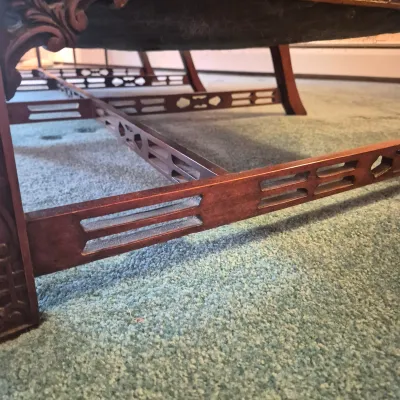 LOT 22W: Vintage Camelback Sofa with Hand-Carved Details & French Provincial Style Coffee Table