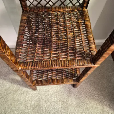 LOT 17X: Vintage Wicker 3-Tier Shelf with Collection of Trinkets