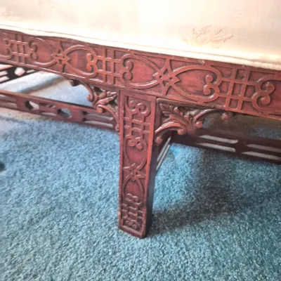 LOT 22W: Vintage Camelback Sofa with Hand-Carved Details & French Provincial Style Coffee Table