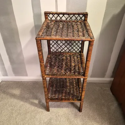 LOT 17X: Vintage Wicker 3-Tier Shelf with Collection of Trinkets