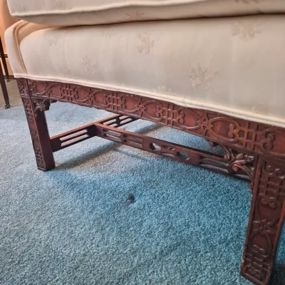 LOT 22W: Vintage Camelback Sofa with Hand-Carved Details & French Provincial Style Coffee Table