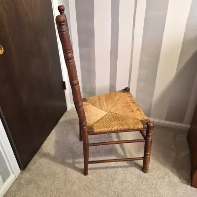 LOT 16X: Ladder-Back Rush Seat Chair with Collection of Vintage Linens