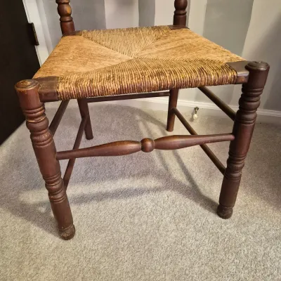 LOT 16X: Ladder-Back Rush Seat Chair with Collection of Vintage Linens