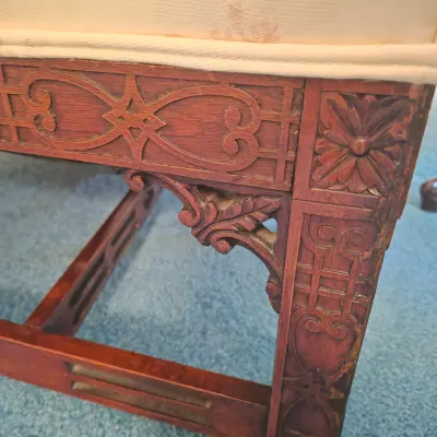 LOT 22W: Vintage Camelback Sofa with Hand-Carved Details & French Provincial Style Coffee Table