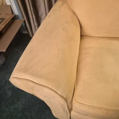 LOT 26L: Broyhill Pale Yellow Microfiber Chair & Storage Ottoman with Side Table & Lamp