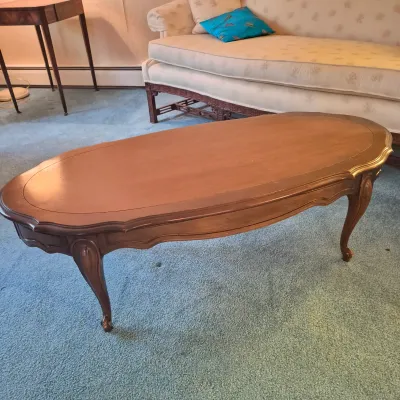 LOT 22W: Vintage Camelback Sofa with Hand-Carved Details & French Provincial Style Coffee Table