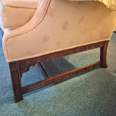 LOT 22W: Vintage Camelback Sofa with Hand-Carved Details & French Provincial Style Coffee Table