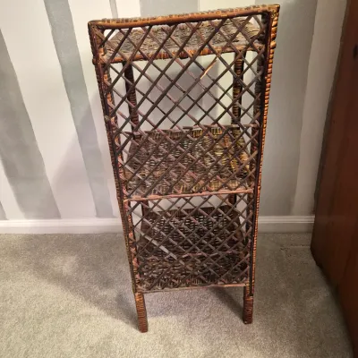 LOT 17X: Vintage Wicker 3-Tier Shelf with Collection of Trinkets