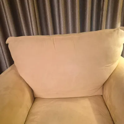 LOT 26L: Broyhill Pale Yellow Microfiber Chair & Storage Ottoman with Side Table & Lamp
