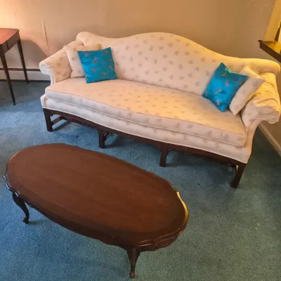 LOT 22W: Vintage Camelback Sofa with Hand-Carved Details & French Provincial Style Coffee Table