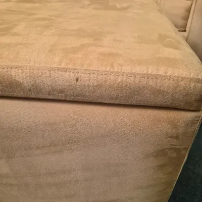 LOT 26L: Broyhill Pale Yellow Microfiber Chair & Storage Ottoman with Side Table & Lamp