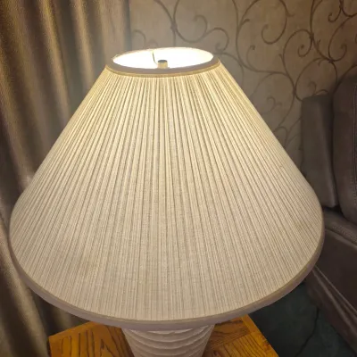 LOT 26L: Broyhill Pale Yellow Microfiber Chair & Storage Ottoman with Side Table & Lamp