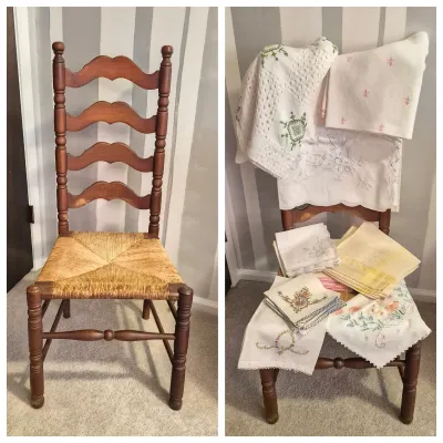 LOT 16X: Ladder-Back Rush Seat Chair with Collection of Vintage Linens