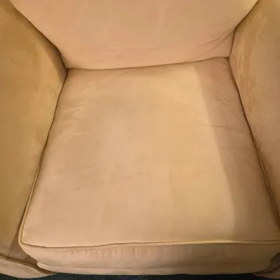 LOT 26L: Broyhill Pale Yellow Microfiber Chair & Storage Ottoman with Side Table & Lamp