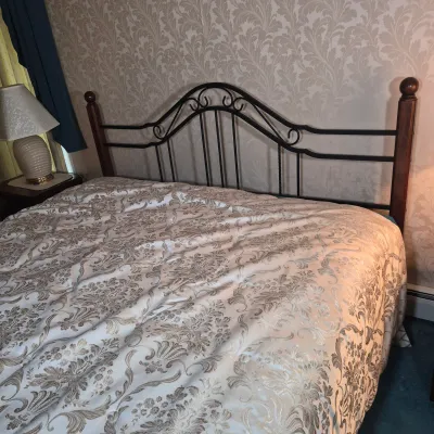 LOT 24W: King Size Headboard with Wooden Posts & Metal Scrollwork