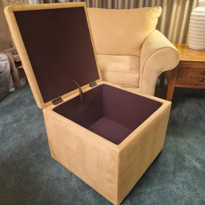 LOT 26L: Broyhill Pale Yellow Microfiber Chair & Storage Ottoman with Side Table & Lamp