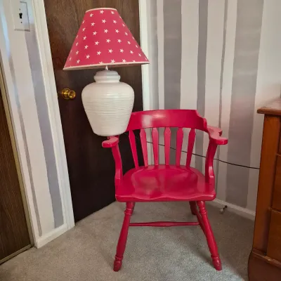 LOT 14X: Vintage H.T. Cushman Colonial Creation Red-Painted Chair & Lamp
